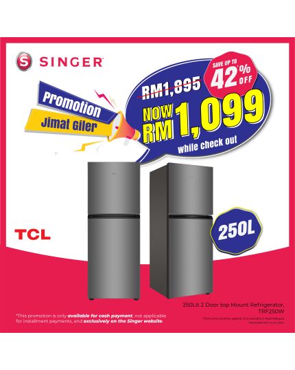 [PROMO] TCL 250Lit 2 Door top Mount Refrigerator (TRF250W)